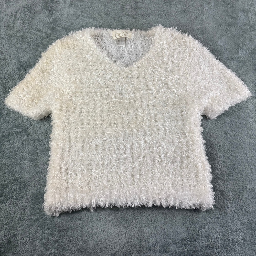 Cache White Shaggy Fuzzy V Neck Short Sleeve T-Shirt Top Knit Size S